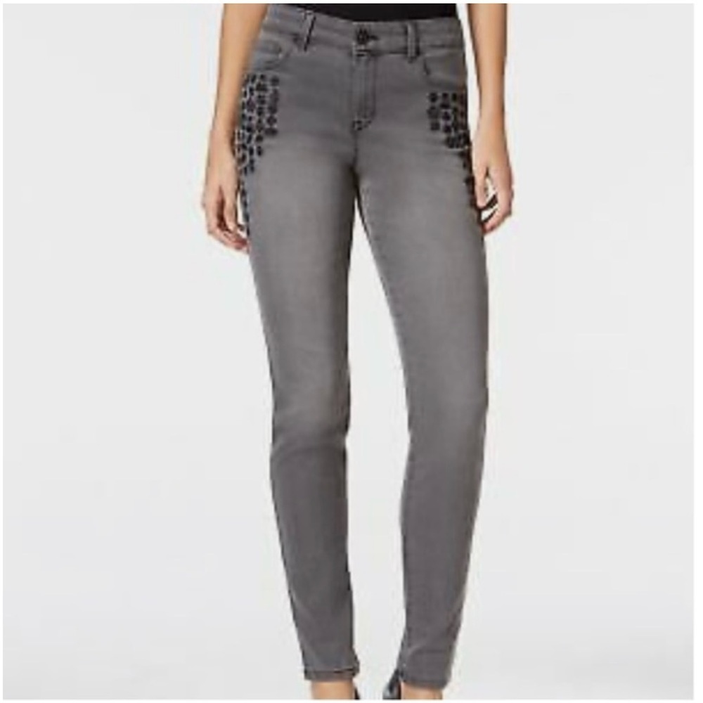 Style & Co Mid Rise Skinny Jeans SZ 14 Stretch DARK Gray‎ Embroidery Boho NEW